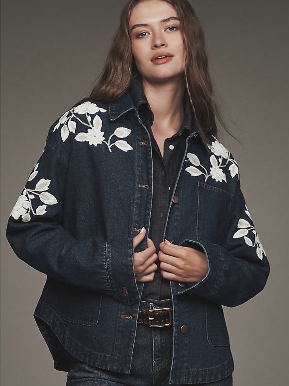 dolan Dark Blue Denim Jacket with White Floral Embroidery